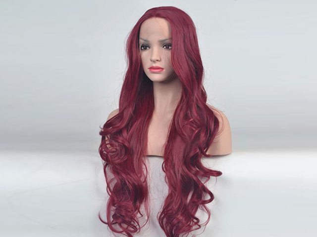 Wine Red Waist Length Wavy Synthetic Lace Front Wig